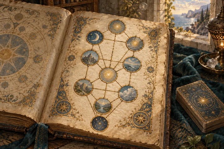An illuminated manuscript displays the ten-sphere Tree of Life beside a teal tarot deck in a sunlit stone study.