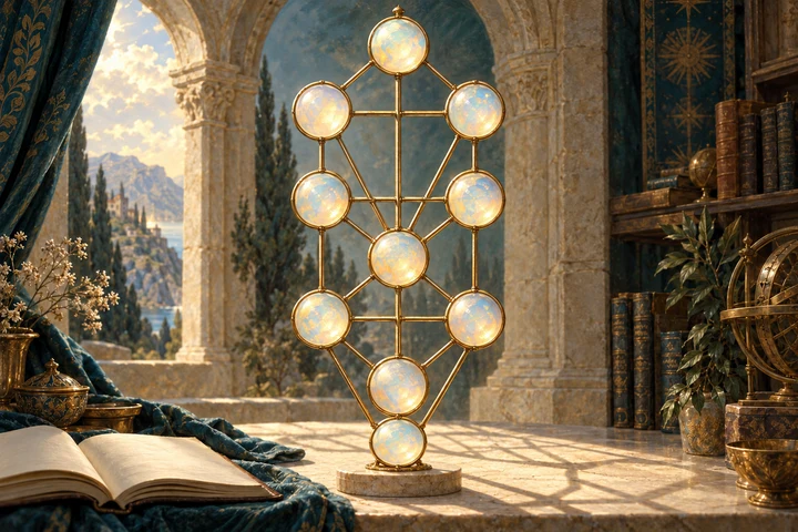 A brass Tree of Life sculpture with ten opal medallions stands in a sunlit stone study beside an open book.