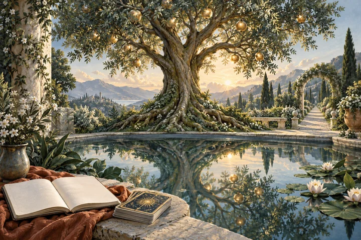 A symbolic golden-fruited tree reflected in a garden pool beside a notebook and tarot deck.